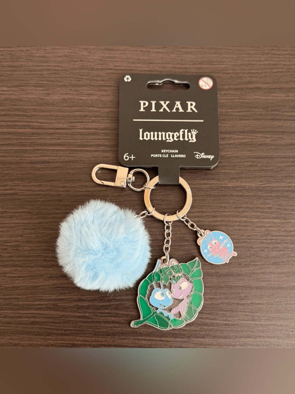 PIXAR Loungefly Blue Fuzzy Pom Pom Keychain with Bug Charms